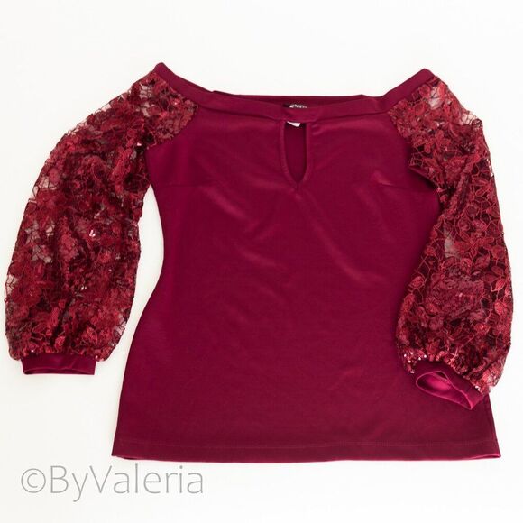 Venus Women's Burgundy Top L Balloon Sleeve Lace Sequin Holiday Christmas Glam - Picture 2 of 10